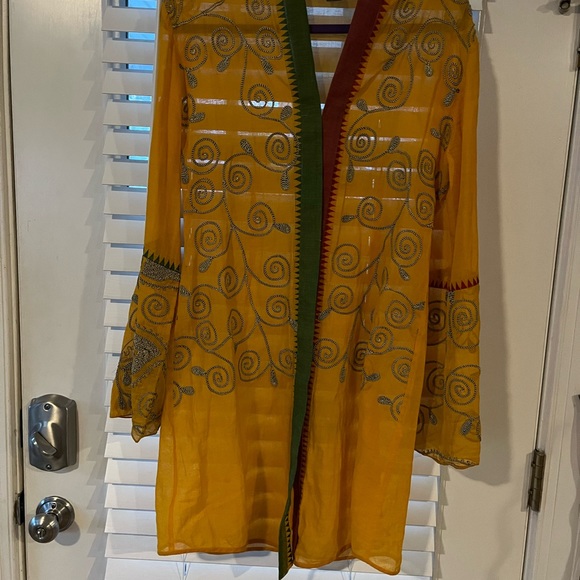 Paul Ropp Embroidered Beach Kimono Cover Up S Small Gypsy Cape Yellow Orange - Picture 2 of 4